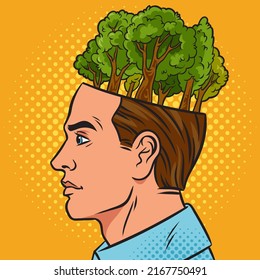 Tree forest in head abstract pop art retro vector illustration. Comic book style imitation.