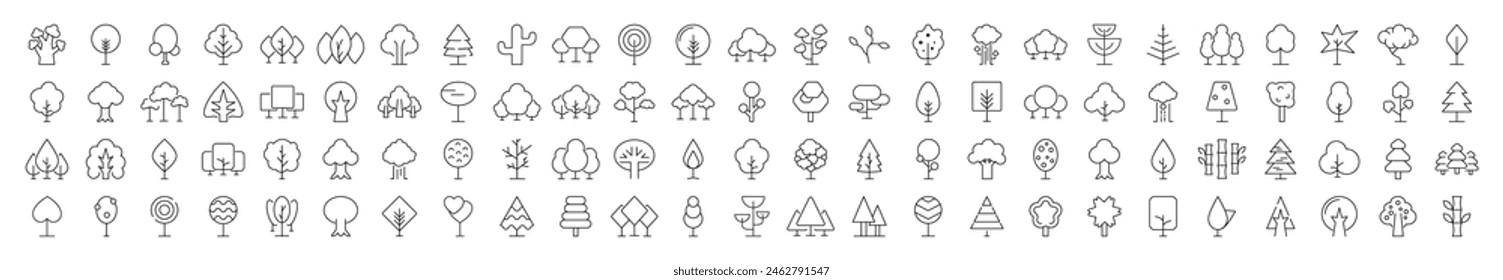 Iconos de árboles y bosques dibujados con una línea delgada. Perfecto para el diseño, infografías, Sitios web, App. 