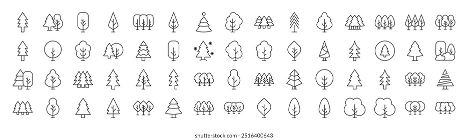 Tree and Forest Line Icon Bundle. Modern Collection for Design, Web Sites, Apps, Cards. Contains Linear Images of Deciduous and Coniferous Trees