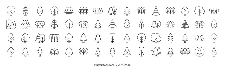 Tree and Forest Line Icon Set. Modern Collection for Design, Web Sites, Apps, Cards. Contains Linear Images of Deciduous and Coniferous Trees