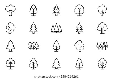 Tree and Forest Line Icon set. Modern Collection for Design, Web Sites, Apps, Cards. Contains Linear Images of Deciduous and Coniferous Trees.