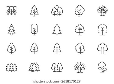Tree and Forest Line Icon set. Modern Collection for Design, Web Sites, Apps, Cards. Contains Linear Images of Deciduous and Coniferous Trees.