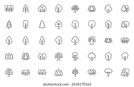Tree and Forest Line Icon set. Modern Collection for Design, Web Sites, Apps, Cards. Contains Linear Images of Deciduous and Coniferous Trees.