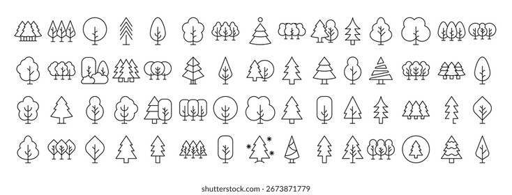 Conjunto de iconos de línea de árbol y bosque. Colección moderna para el diseño, Sitios web, App, tarjetas. Contiene Imágenes lineales de árboles caducifolios y coníferas