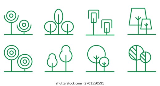 Conjunto de iconos de línea de árbol y bosque. Iconos lineales de árboles mínimos. Icono de línea relacionada con la naturaleza y las plantas.