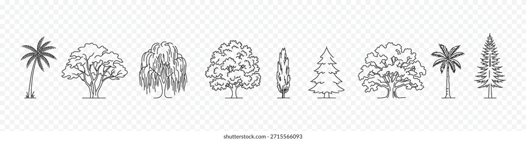 Ikonensatz Baum- und Waldlinie - editierbare Umrisssymbole von Palmen, Weiden, Kiefern, Eichen, Zypressen und Naturlandschaften