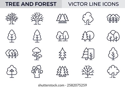 Tree and Forest Line Icons. Modern Collection for Design, Web Sites, Apps, Cards. Contains Linear Images of Deciduous and Coniferous Trees.