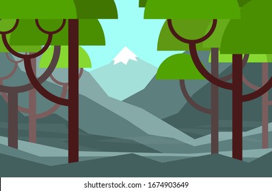 Baumwald-Berge-Cartoon im abstrakten Stil auf grünem Hintergrund. Schönes Banner für Concept Design. Grüner Hintergrund. Farbige Landschaftskarikatur.Kiefernwald. Reisekonzept. Gamemaschine