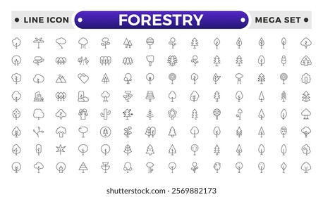 Tree and Forest outline Icon Pack. Modern Collection for Design, Web Sites, Apps, Cards. Contains Linear Images of Deciduous and Coniferous Trees.
