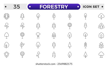 Tree and Forest outline Icon Pack. Modern Collection for Design, Web Sites, Apps, Cards. Contains Linear Images of Deciduous and Coniferous Trees.
