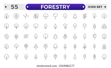 Tree and Forest outline Icon Pack. Modern Collection for Design, Web Sites, Apps, Cards. Contains Linear Images of Deciduous and Coniferous Trees.
