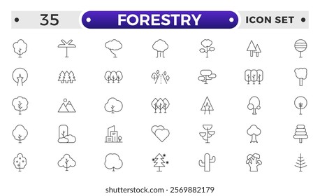 Tree and Forest outline Icon Pack. Modern Collection for Design, Web Sites, Apps, Cards. Contains Linear Images of Deciduous and Coniferous Trees.
