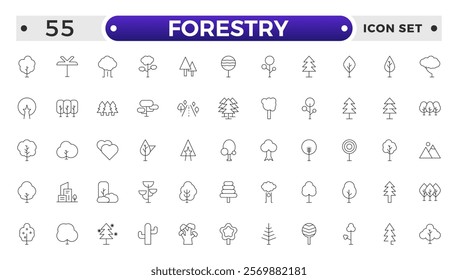 Tree and Forest outline Icon Pack. Modern Collection for Design, Web Sites, Apps, Cards. Contains Linear Images of Deciduous and Coniferous Trees.
