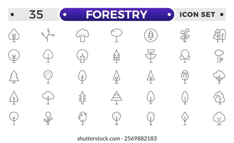 Tree and Forest outline Icon Pack. Modern Collection for Design, Web Sites, Apps, Cards. Contains Linear Images of Deciduous and Coniferous Trees.
