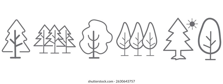 Tree and Forest Outline Style Icons for Design, Cards, Apps, Social Networks eps 10