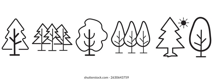 Tree and Forest Outline Style Icons for Design, Cards, Apps, Social Networks eps 10