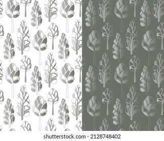 Tree forest seamless Pattern. Outline Decorative art, vector, united lines. Hand drawn ink brush strokes illustration. Beige Grey gradient color palette. White or Gray easy editable background