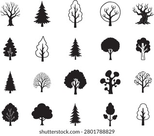 Tree and Forest Silhouette icon collection. Includes Silhouette symbols pine, palm, oak, forest, nature and more. Isolated icons. Tree icon set. Minimalist icons pack.