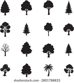 Tree and Forest Silhouette icon collection. Includes Silhouette symbols pine, palm, oak, forest, nature and more. Isolated icons. Tree icon set. Minimalist icons pack.