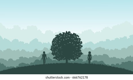 Tree and forest silhouette landscape vector flat design with man and woman illustration and background