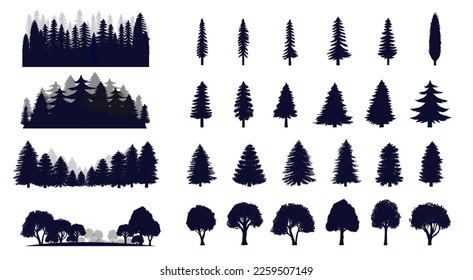 Tree and forest silhouettes on the white background