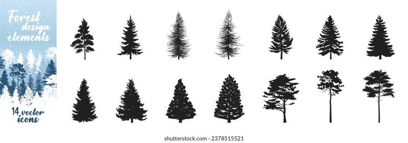 Tree and forest silhouettes. Various christmas tree silhouette. Collection of trees and wilderness objects