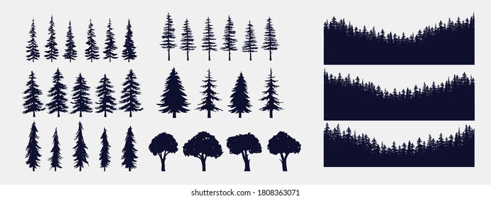 Tree and forest silhouettes - Vector illustration collection of trees and wilderness objects to create your own nature scene.