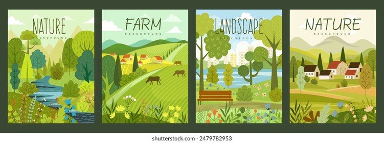 Tree forest. Spring park, summer farm watercolor poster. Village scenery with river, vacation on countryside. Sky, grass and sun, outdoor field landscape. Urban city street. Vector cartoon background