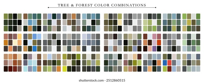 Tree and forest tone color palette. Trend color palette guide template. Fit for fashion designers, business, and paints colors company. Match combinations. Vector graphics. Eps 10.