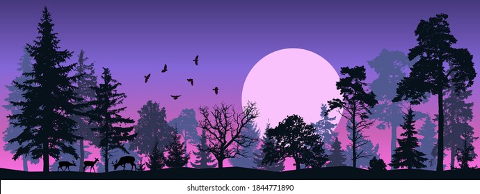 Silueta vectorial de árbol. Bosque nocturno