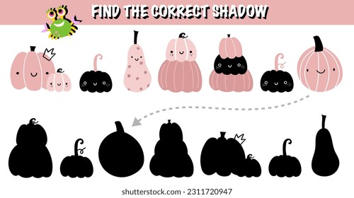 Tree forest Woodland pumpkin shadow search matching exercise game vector. Printable worksheet learning study page nursery childish activity playful  minimalist scandinavian  thanksgiving, halloween.