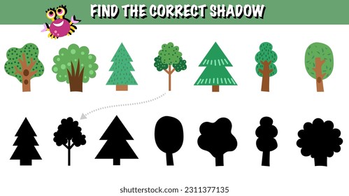 Tree forest Woodland shadow search matching exercise game vector. Printable worksheet page nursery childish activity playful  minimalist scandinavian green foliage plants