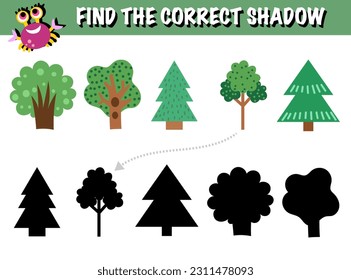 Árbol bosque Woodland sombra de búsqueda vector de juego de juego de coincidencia de ejercicios. Página de la hoja de cálculo imprimible actividad infantil juguetón escardinavo verde follaje esquivado minimalista