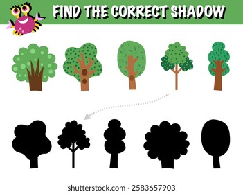 Tree forest Woodland shadow search matching exercise game vector. Printable worksheet page nursery childish activity playful minimalist scandinavian green foliage plants