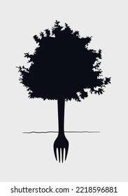 Tree with a fork as the trunk and roots. Nutrition concept black silhouette vector illustration isolated on gray background.