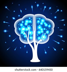 Tree in the form of human brains, thoughts shining points. Concept, human thinking. 