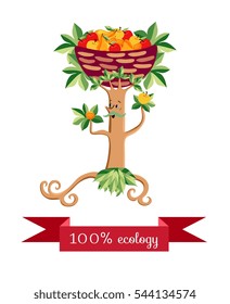 Tree in the form of a stylized mustachioed man with a basket of fruit on her head isolated on white background. Vector illustration. Beautiful packaging design for multifruit juice, jam and marmalade.