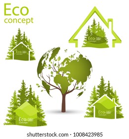 
Tree in the form of a world map. The concept of ecology, to save the planet. Eco friendly. Environmentally friendly world. logo design template of forest and house.