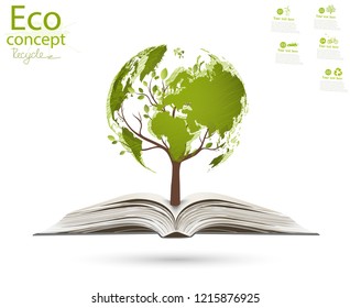 Tree, in the form of a world map, rising from an open book. Tree with a globe on the book. Environmentally friendly world. Creative drawing ecological concepts. Happy family stories. 