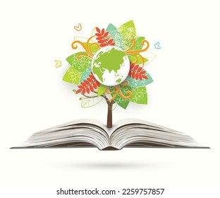Tree, in the form of a world map, rising from an open book. Tree with a globe on the book. Environmentally friendly world. Creative drawing ecological concepts. Happy family stories. 