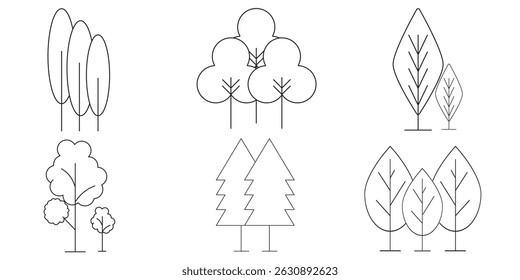 Símbolos de ícones de árvore e floresta. Conjunto de vetores de árvore. Coleção de ícones linear. Floresta, parque e jardim árvores isoladas sinal pack. 