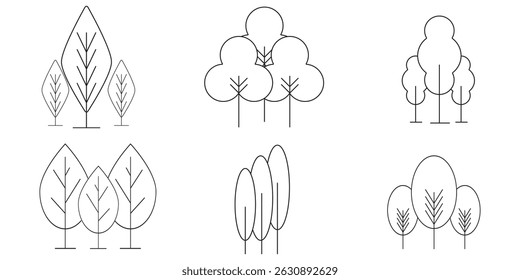 Árbol y bosque iconos símbolos. Conjunto de Vector de árbol. Colección de iconos lineales. Bosque, parque y jardín árboles aislados paquete de signos. 