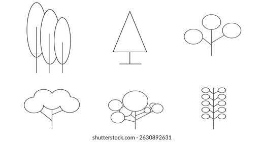Símbolos de ícones de árvore e floresta. Conjunto de vetores de árvore. Coleção de ícones linear. Floresta, parque e jardim árvores isoladas sinal pack. 
