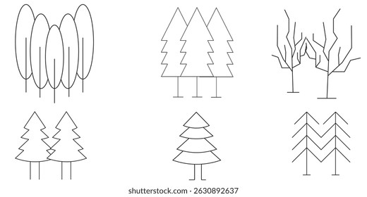 Tree and Forrest Icons Symbols. Tree vector set. Linear icon collection. Forest, park and garden trees isolated sign pack. 
