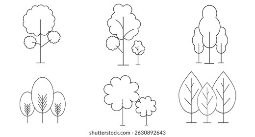 Tree and Forrest Icons Symbols. Tree vector set. Linear icon collection. Forest, park and garden trees isolated sign pack. 