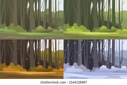A tree in four different seasons (spring, summer, winter and fall). Four seasons landscape, season changing wood path nature cartoon vector illustration