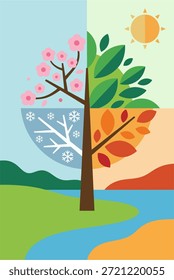 Árbol de cuatro estaciones. Ilustración vectorial conceptual que representa el ciclo de la vida. Un árbol dividido en primavera, verano, otoño e invierno. Aislado sobre fondo blanco. Símbolo de naturaleza minimalista.