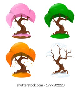 Tree in four seasons on white background. Four seasons spring, summer, autumn, winter banners. Vector illustration.