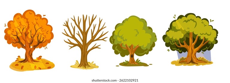 Tree in four seasons - spring, summer, autumn, winter. Vector illustration. Isolated on white background.