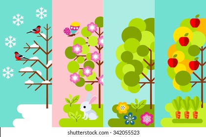 Tree in four seasons - spring, summer, autumn, winter. 
Vector illustration  with four seasons concept in flat style.